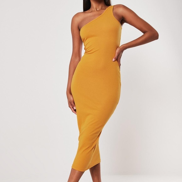 mustard one shoulder midi dress